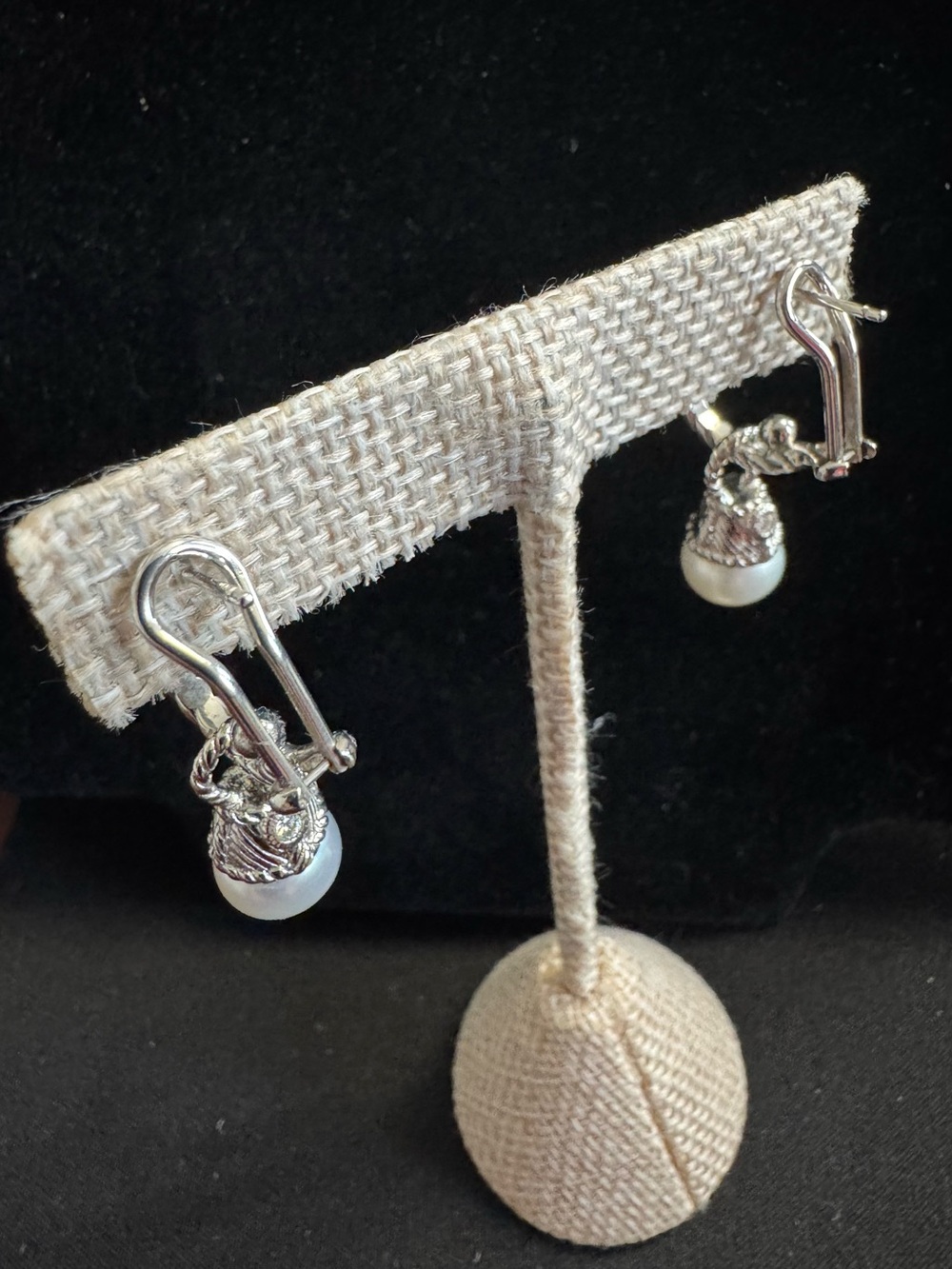 Judith Ripka 925 Silver Drop White Pearl Earrings w/ CZ Crystal Accents - Picture 5 of 10